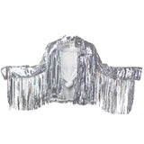 Silver sequin fringe jacket, arms spread, on a white background. Dazzling and chic, perfect for a glamorous statement look.