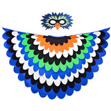 Blue kids bird costume with multi-layered fabric cape and felt mask set on a white background, perfect for a whimsical costume