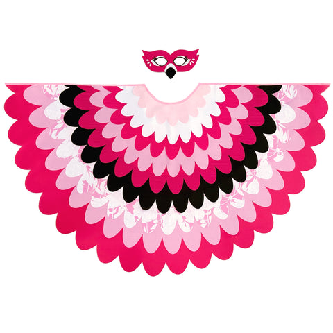Hot pink flamingo bird costume with a cape made from various shades of pink, white and black layers of fabric and a felt bird mask set on a white background, perfect for a whimsical costume
