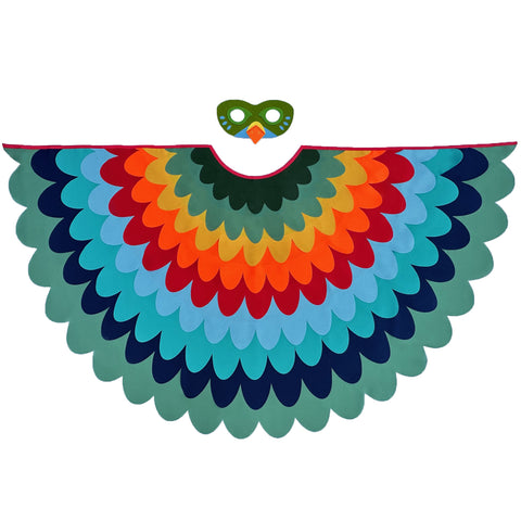 Multicolor green bird cape made with layers of green, navy, blue, red, orange, and yellow fabric with matching felt bird mask, set on a white background, perfect for a whimsical costume