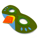 Close-up details of felt bird mask against white background with intricately cut layers of blue, green, orange, and yellow felt stitched together at beak.