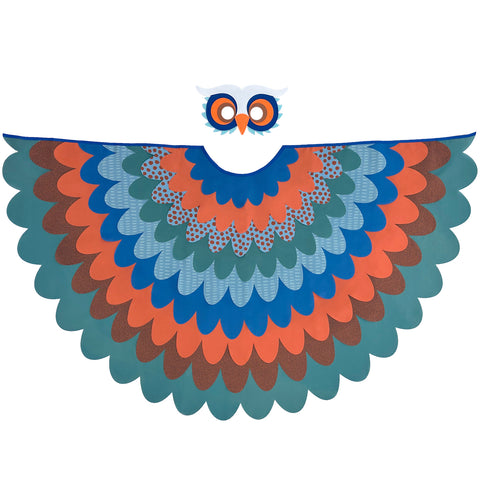 Multicolor patterned owl cape made with layers of green, orange, blue, and teal fabric with matching felt owl mask, set on a white background, perfect for a whimsical costume