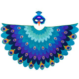 Peacock bird costume with a cape made from various shades of blue, turquoise, and purple layers of fabric and a felt bird mask set on a white background, perfect for a whimsical costume
