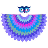 Purple owl costume with fabric cape made from layers of purple, pink, green, and blue fabric and a felt bird mask set on a white background, perfect for a whimsical costume