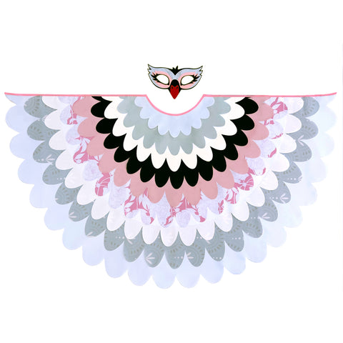 Swan cape made from layers of patterned pink, white, grey, and black fabric and felt swan mask set on a white background, perfect for a whimsical costume
