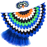 Bright blue bird costume with a cape made from blue, orange, green, white, and black fabric layers, felt bird mask, and glittery blue tutu, set on a white background, perfect for a whimsical costume