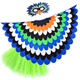 Bright blue bird costume with a cape made from blue, orange, green, white, and black fabric layers, felt bird mask, and glittery green tutu, set on a white background, perfect for a whimsical costume
