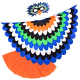 Bright blue bird costume with a cape made from blue, orange, green, white, and black fabric layers, felt bird mask, and glittery orange tutu, set on a white background, perfect for a whimsical costume