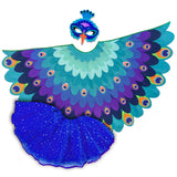 Peacock bird costume with cape made with layers of purple, turquoise, blue, and navy fabric, felt peacock mask, and glittery blue tutu, set on a white background, perfect for a whimsical costume