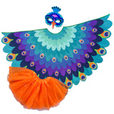 Peacock bird costume with cape made with layers of purple, turquoise, blue, and navy fabric, felt peacock mask, and glittery orange tutu, set on a white background, perfect for a whimsical costume