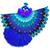 Peacock bird costume with cape made with layers of purple, turquoise, blue, and navy fabric, felt peacock mask, glittery blue tutu, and purple feather boa, set on a white background, perfect for a whimsical costume