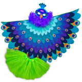 Peacock bird costume with cape made with layers of purple, turquoise, blue, and navy fabric, felt peacock mask, glittery green tutu, and purple feather boa, set on a white background, perfect for a whimsical costume