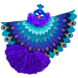 Peacock bird costume with cape made with layers of purple, turquoise, blue, and navy fabric, felt peacock mask, glittery purple tutu, and purple feather boa, set on a white background, perfect for a whimsical costume