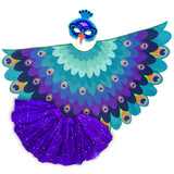 Peacock bird costume with cape made with layers of purple, turquoise, blue, and navy fabric, felt peacock mask, and glittery purple tutu, set on a white background, perfect for a whimsical costume