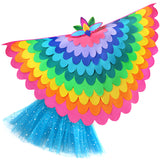 Bright rainbow bird costume with a fabric cape made with layers of pink, blue, orange, yellow, green, and purple fabric, felt bird headdress, and glittery bright blue tutu, set on a white background, perfect for a whimsical costume
