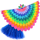 Bright rainbow bird costume with a fabric cape made with layers of pink, blue, orange, yellow, green, and purple fabric, felt bird headdress, and glittery blue tutu, set on a white background, perfect for a whimsical costume