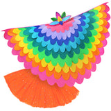 Bright rainbow bird costume with a fabric cape made with layers of pink, blue, orange, yellow, green, and purple fabric, felt bird headdress, and glittery orange tutu, set on a white background, perfect for a whimsical costume