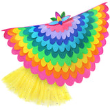 Bright rainbow bird costume with a fabric cape made with layers of pink, blue, orange, yellow, green, and purple fabric, felt bird headdress, and glittery yellow tutu, set on a white background, perfect for a whimsical costume