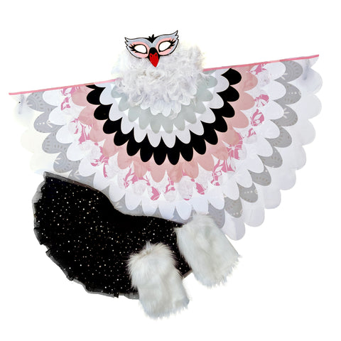 Swan bird costume with cape made with patterned layers of gray, pink, white, and black fabric, felt swan mask, glittery black tutu, white feather boa, and white furry leg warmers, set on a white background, perfect for a whimsical costume