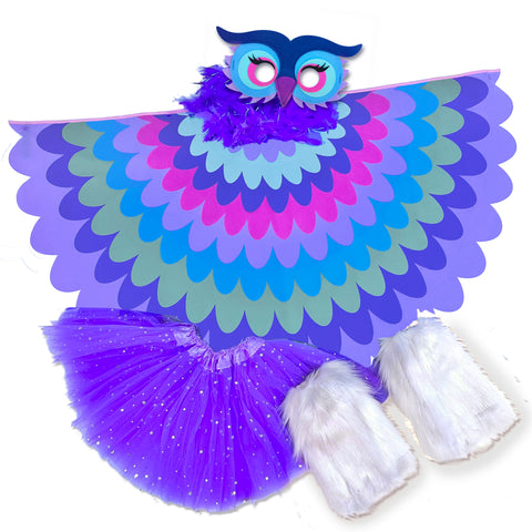 Purple owl bird costume with cape made with layers of purple, pink, turquoise, blue, and green fabric, felt owl mask, glittery purple tutu, purple feather boa, and furry white boot leg warmers, set on a white background, perfect for a whimsical costume