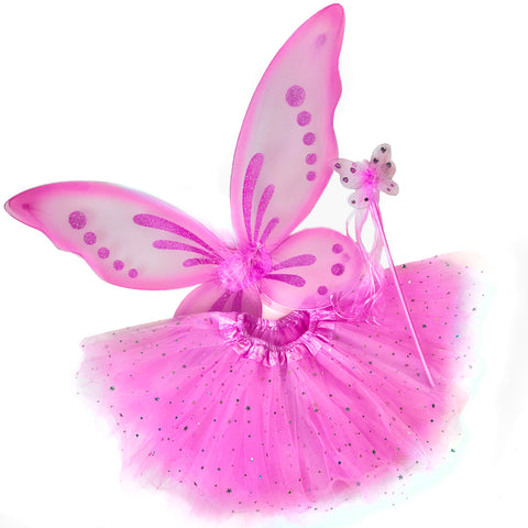 Hot Pink Butterfly Costume Set, featuring wings, tutu, and wand, beautifully displayed on a clean white background. A whimsical ensemble perfect for sparking imaginative play and creative adventures.