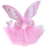 Pastel Pink Butterfly Costume Set, featuring wings, tutu, and wand, beautifully displayed on a clean white background. A whimsical ensemble perfect for sparking imaginative play and creative adventures.
