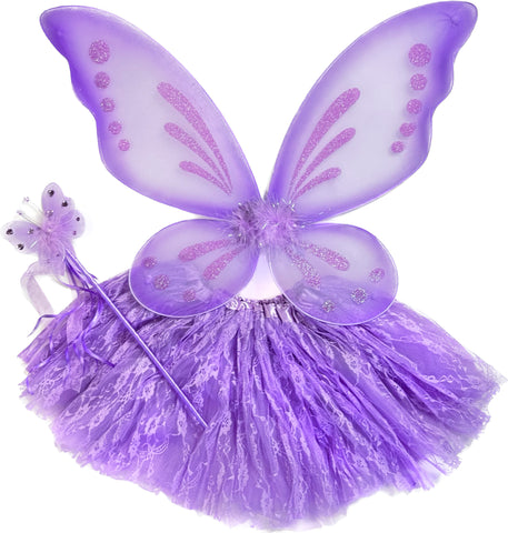 Purple Butterfly Costume Set, featuring wings, tutu, and wand, beautifully displayed on a clean white background. A whimsical ensemble perfect for sparking imaginative play and creative adventures.