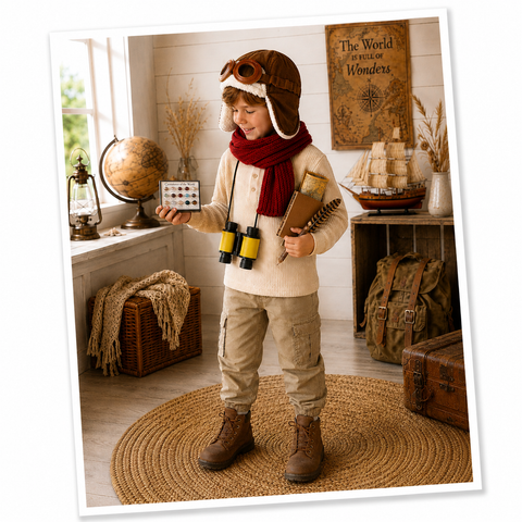 A child dressed in a vintage aviator costume stands in a styled room with props including a globe, lantern, ship model, and suitcase. The outfit includes a brown aviator hat with ear flaps, a red scarf, cream sweater, khaki pants, and brown boots, with toy binoculars and a small notebook, map, and feather being held.