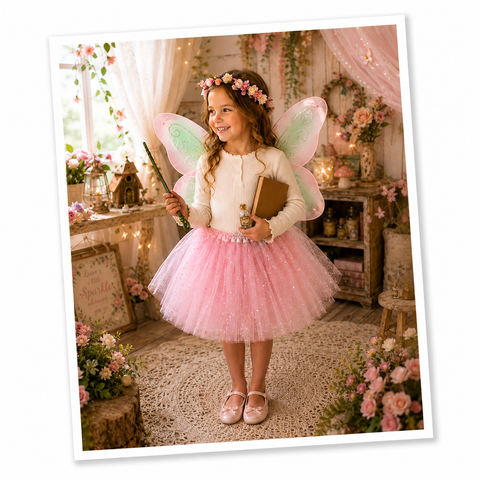 Childrens Fairy Costume Box with Dress Up Wings, Tutu, Wand, Flower Crown, and Pixie Dust in Adorable Suitcase Gift Box
