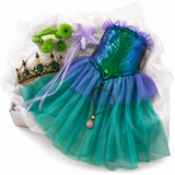 Childrens Mermaid Costume Box with Dress, Crown, Wand, Turtle, and Shell Necklace in Adorable Suitcase Gift Box