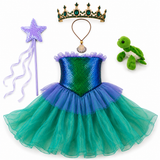 Childrens Mermaid Costume Box with Dress, Crown, Wand, Turtle, and Shell Necklace in Adorable Suitcase Gift Box