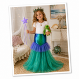 Childrens Mermaid Costume Box with Dress, Crown, Wand, Turtle, and Shell Necklace in Adorable Suitcase Gift Box