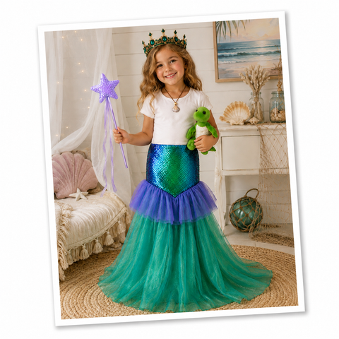 Childrens Mermaid Costume Box with Dress, Crown, Wand, Turtle, and Shell Necklace in Adorable Suitcase Gift Box