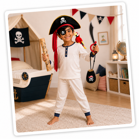 A child wearing a pirate costume pajama set stands barefoot in a pirate-themed bedroom. The set includes a white long-sleeve top with navy trim and a matching white pants set with navy cuffs.