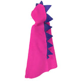 Side view of Children's Hooded Towel - Pink Dinosaur design, revealing playful white felt teeth and a row of vibrant purple felt spikes running down the back. A whimsical bath time accessory for kids, bringing dinosaur adventures to life.