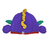 Back view of a purple knitted monster hat, revealing its stylish craftsmanship and intricate details on a crisp white background.
