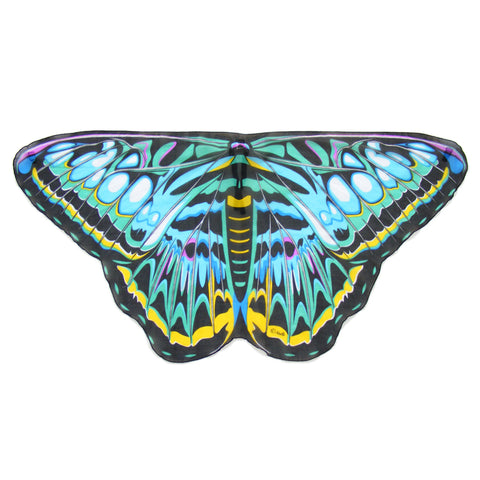 Colorful butterfly cape spread out on white background