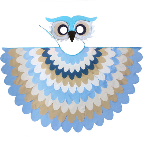 Light blue kids owl costume with multi-layered fabric cape and felt mask set on a white background, perfect for a whimsical costume