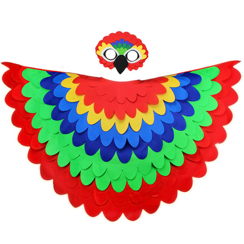 Parrot costume with a cape made from red, green, blue, and yellow fabric layers and a felt bird mask set on a white background, perfect for a whimsical costume