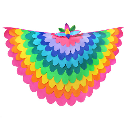 Bright rainbow bird costume with a fabric cape made with layers of pink, blue, orange, yellow, green, and purple fabric and felt bird headdress set on a white background, perfect for a whimsical costume