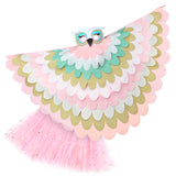 Pastel pink owl bird costume with cape made with layers of pink, white, tan, and turquoise fabric, felt owl mask, glittery pink tutu, on a white background, perfect for a whimsical costume