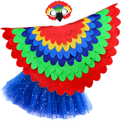Parrot costume with a cape made from red, green, blue, and yellow fabric layers, felt parrot mask, and glittery blue tutu, set on a white background, perfect for a whimsical costume