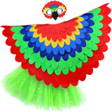 Parrot costume with a cape made from red, green, blue, and yellow fabric layers, felt parrot mask, and glittery green tutu, set on a white background, perfect for a whimsical costume