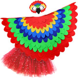 Parrot costume with a cape made from red, green, blue, and yellow fabric layers, felt parrot mask, and glittery red tutu, set on a white background, perfect for a whimsical costume