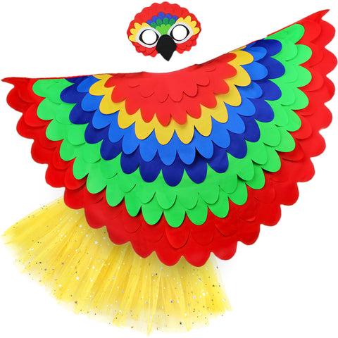Parrot costume with a cape made from red, green, blue, and yellow fabric layers, felt parrot mask, and glittery yellow tutu, set on a white background, perfect for a whimsical costume