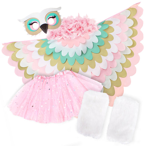 Pastel pink owl bird costume with cape made with layers of pink, white, tan, and turquoise fabric, felt owl mask, glittery pink tutu, and pink feather boa, and white furry leg warmers, set on a white background, perfect for a whimsical costume