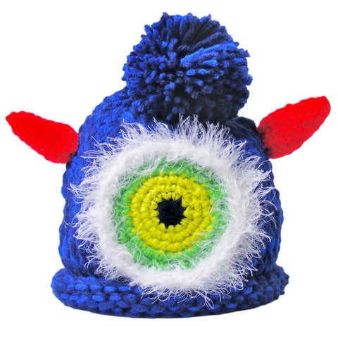 Adorable navy baby monster hat with one eye, two horns, and a playful pom-pom, showcased against a clean white background - a whimsical and charming accessory for little ones.