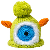 Adorable green baby monster hat with one eye, two horns, and a playful pom-pom, showcased against a clean white background - a whimsical and charming accessory for little ones.