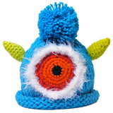 Adorable turquoise baby monster hat with one eye, two horns, and a playful pom-pom, showcased against a clean white background - a whimsical and charming accessory for little ones.
