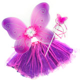 Vibrant Pink and Purple Butterfly Costume Set, featuring wings, tutu, and wand, beautifully displayed on a clean white background. A whimsical ensemble perfect for sparking imaginative play and creative adventures.